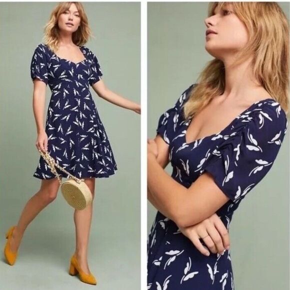 Maeve Anthropologie NWT Fern Ruched Dress 4 Fit & Flare Button Down Cottagecore - Picture 1 of 14
